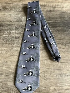 Kai Long Men’s Gray 100% Silk Handmade Necktie Mom & Baby Panda Necktie - Picture 1 of 4