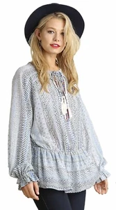 UMGEE Peasant Top Blue Medium Embroidered Peplum Fringe Tassels Ruffle NWT $38 - Picture 1 of 9