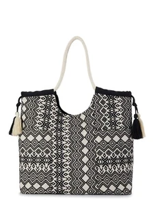 Bolso de mano de playa grande tejido con asa de cuerda Time and Tru patrón negro blanco - Imagen 1 de 3