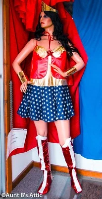 Super Hero Woman Costume 5 Pc Red White & Blue Dress Cape Crown & Cuffs 1x-2x - Image 1 of 3