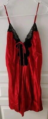 Frederick's of Hollywood VTG Red Slip Dress Black Lace Tie Front&Back~Sz. S~NWOT - Image 1 of 4