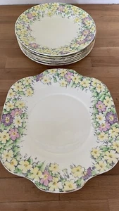 Vintage Crown Staffordshire Yellow Dessert Set 6 Plates + Cookie Platter - Picture 1 of 9