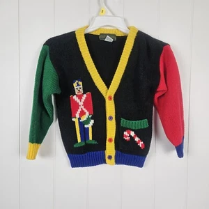Boys Medium Vintage Christmas Cardigan V Neck Knit Colorblock Button Black - Picture 1 of 7