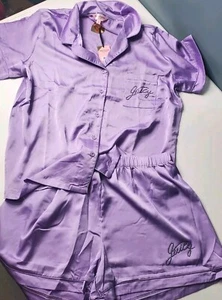JUICY COUTURE SLEEPWEAR PAJAMA SET SZ L PURPLE FEEL SILK Button Down Top,shorts - Picture 1 of 11