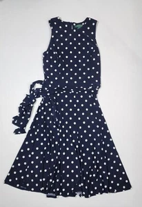 LAUREN RALPH LAUREN ärmelloses Stretch Jersey Kleid marine gepunktet Größe 4 mit Gürtel - Bild 1 von 6