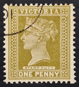 1901 Victoria Australia 1d Olive QV stamp Duty WMK V/Crn CTO No Gum - Bild 1 von 2