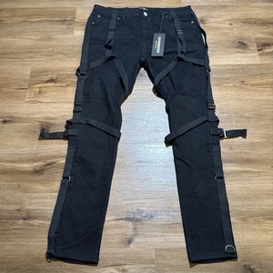 Men's Serenade Black Strap Skinny Jeans Gothic Punk Grunge Stretch 38x32 - Picture 1 of 15