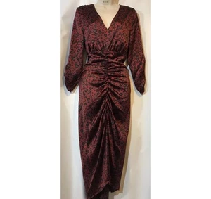 New Next Size 12 Red Black Animal Print Satin Ruched Front Midi Dress Bodycon - Picture 1 of 18