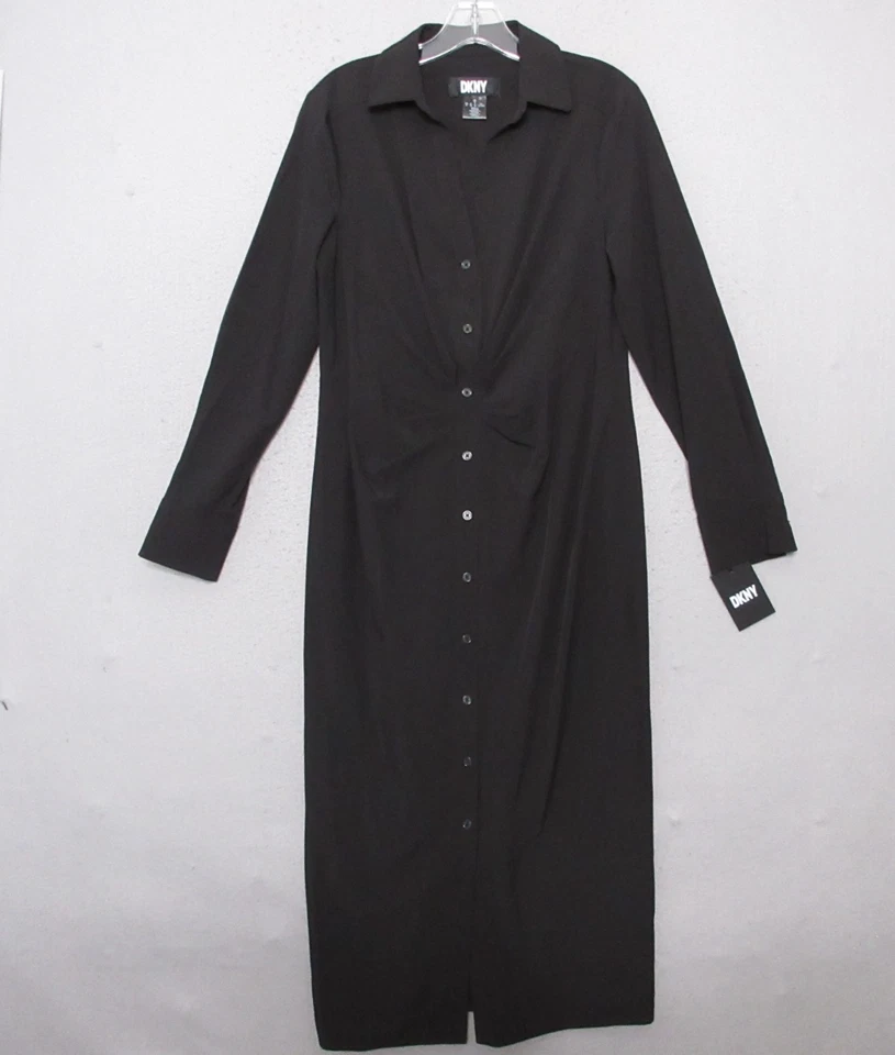 DKNY Shirt Dress 8 Black Ruche Midi LBD Career Office Timeless Capsule Zip NWT - Image 1 of 4