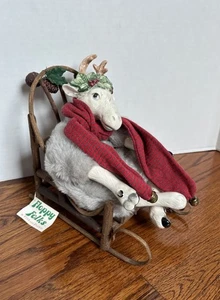 Vintage Fitz & Floyd Floppy Folks Weihnachten Santa’s Rentier mit Holz Stuhl Etiketten - Bild 1 von 13