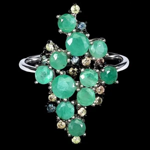 925 Sterling Silver Ring Round Emerald 4mm Sapphire Gemstone Jewelry Size 7.5 - Picture 1 of 14