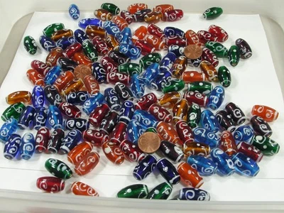 2 Pounds (12mm x 24mm) India Handmade White Swirl Glass Beads Bulk (GRD-89)⭐ - Image 1 of 4