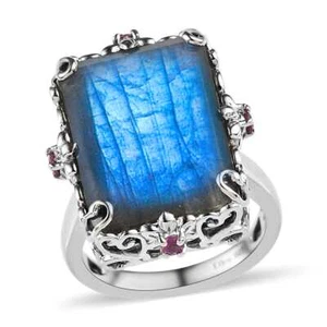 14.25ctw AAA Malagasy Labradorite & Rhodolite Ring Platinum Plate Sterling Siz 9 - Picture 1 of 7