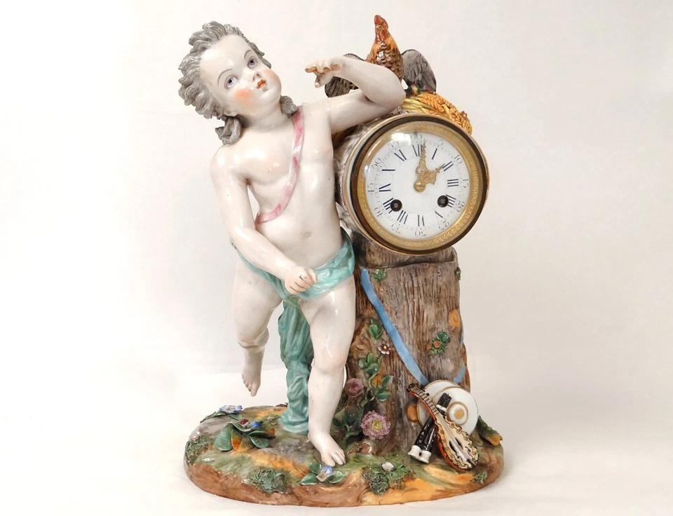 Pendule porcelaine angelot putti Allégorie Musique tambour coq XIXème - Photo 1/1