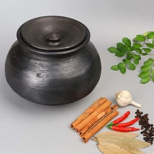 Handmade Unglazed Clay Handi/Earthen Pot for Cooking with Lid Black 4 Liter - Picture 1 of 4