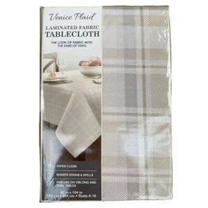 Venice Plaid Laminated Fabric Tablecloth Beige Wipes Clean Resists Stain 60x104" - Picture 1 of 3