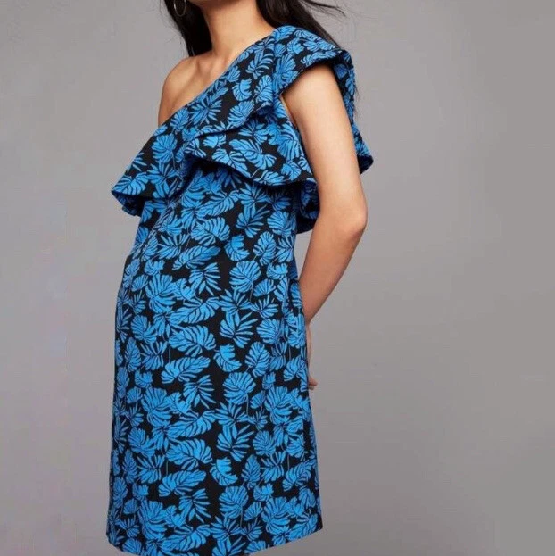 NEW A Pea in the Pod Maternity One Shoulder Palm Dress Black Floral Blue XS - Image 1 of 4