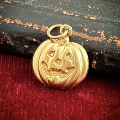 Pumpkin Charm Necklace Pendant Jack O Lantern Halloween Brass Metal Stamping - Image 1 of 4