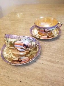 Vintage Set Of 2-Tea Cup and Saucer Brand: Nippon. Peach Lusterware Gold Moriage - Picture 1 of 16