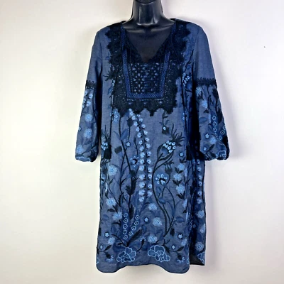 Vestido túnica campesina Elie Tahari XS bordado denim popover hasta la rodilla manga 3/4 Foto 1 de 4