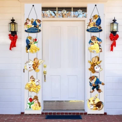 Suministros de fiesta de La Bella y la Bestia decoración de cumpleaños telón de fondo pancarta Foto 1 de 3