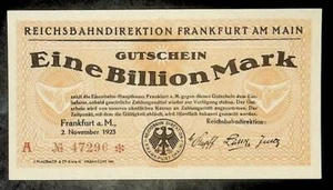1923 Deutschland REICHSBAHN FRANKFURT 1 Billion 1.000.000.000.000 Mark Banknote UN - Bild 1 von 2