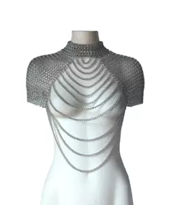 Handcrafted Aluminum Chainmail Crop Top with Chains – Butted Chainmail Shoulder - Picture 1 of 6