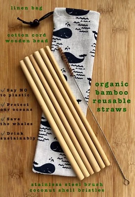 Pajitas de bambú orgánico grabado, cepillo de coco y bolsa - 20% de ahorro para ballenas Foto 1 de 4