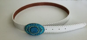 Chicos Turquoise Cabochon Medallion White Leather Concho Statement Belt Womens M - Picture 1 of 4