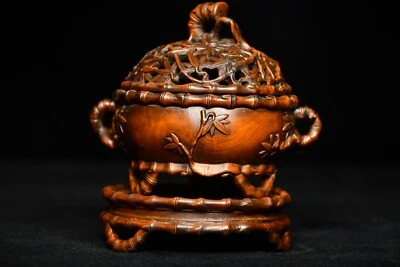 Queimador de incenso de madeira antigo de porcelana 4 pol. natural antigo buxo incensário bambu - Imagem 1 de 4