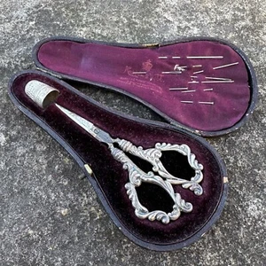 Victorian Sterling Silver Sewing Kit W/ Thimble & Scissors Needle - London - Picture 1 of 6