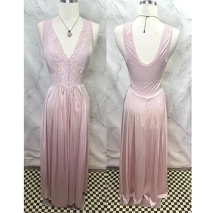 Vintage 70s Lingerie Nightgown Dress M Pink Lace Cutout Bodice Gown Romantic - Picture 1 of 21