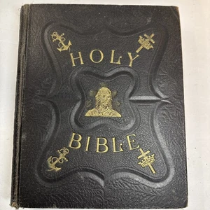Antique Pictorial Family Holy Bible C. 1900 Black Embossed Self Pronouncing Ed. - Picture 1 of 24