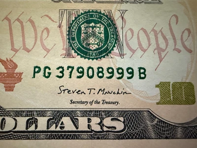 $10 Ten Dollar Bill Fancy Note 379008999 - ERROR HEAVY INKING ALL DIGITS BLEED - Image 1 of 4