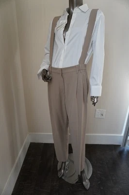 Brunello Cucinelli Beige Pants Monili Trim Suspenders Virgin Wool Viscose Size 4 - Image 1 of 4