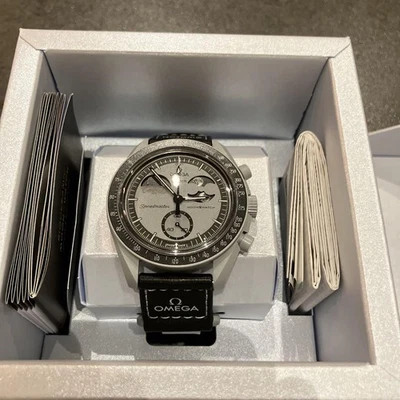 OMEGA Speedmaster MoonSwatch Chronograph Silver Black Rubber Strap Watch - Image 1 of 4