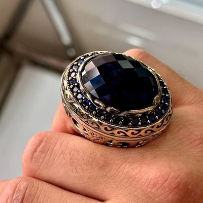 Anillo Turco Hecho a Mano Hombres Grande Piedra de Zafiro Plata Grande Zafiro Azul Foto 1 de 4