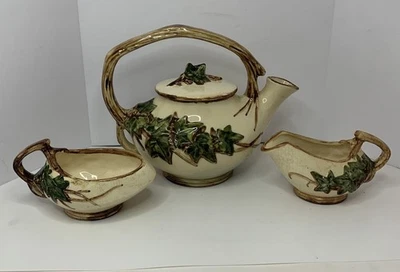 Vintage 1940’s McCoy Ivy Leaf Tea Set Lidded Teapot Creamer & Sugar Bowl - Image 1 of 4