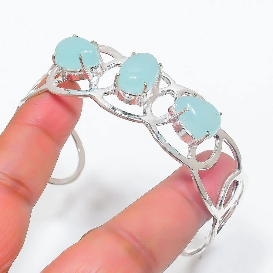 Aqua Chalcedony  Gemstone Handmade 925 Sterling Silver Cuff Bracelet Adjustable - Image 1 of 1