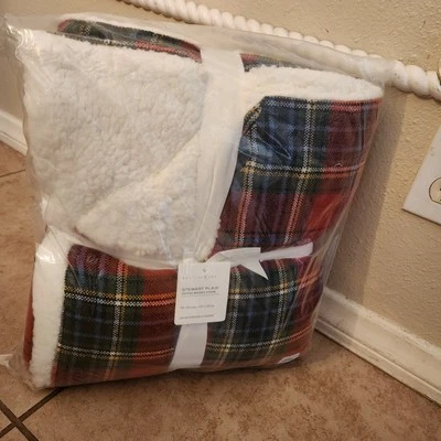 NEW Pottery Barn Stewart Plaid Tartan Sherpa Backed Throw Blanket Holiday RED - Image 1 of 4