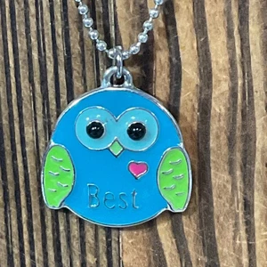 Süße Eule Anhänger Halskette blau grün Emaille "Best" Herz Charm Modeschmuck - Bild 1 von 9