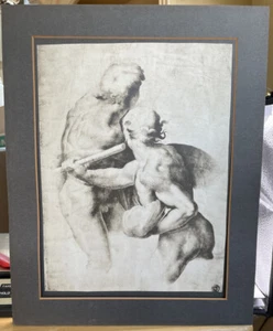 Michelangelo Kunst Skizze Passepartout Lithographie Studie von zwei männlichen Akte kämpfen 12x15 - Bild 1 von 6