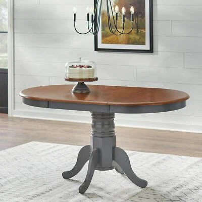 Country Style Pedestal Table: Solid Wood w/ 22in Leaf - Grey Finish, Dark Top - Image 1 of 4