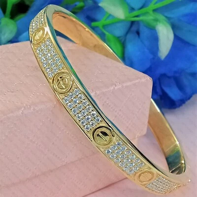 2.50TCW Round Certified D/VVS1 Moissanite 14K Yellow Gold Plated Bangle Bracelet - Image 1 of 4