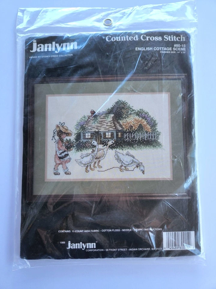 English Cottage Scene Counted Cross Stitch Kit Janlynn 14 X 10 Girl Geese 1989