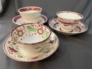 Antique Pink Lusterware 3 Cups and Saucers, 2 without Handles ~ Very Nice - Picture 1 of 12
