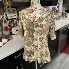 Chico's Travelers Liquid Knit Tan Floral Short Sleeve Slinky Blouse Top Sz Large