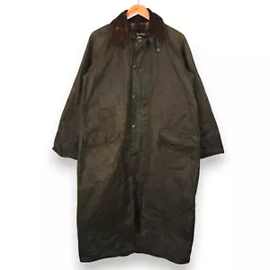 Vintage 80s Barbour Burghley C38 Medium Olive Brown Full Long Waxed Country Coat - Picture 1 of 23