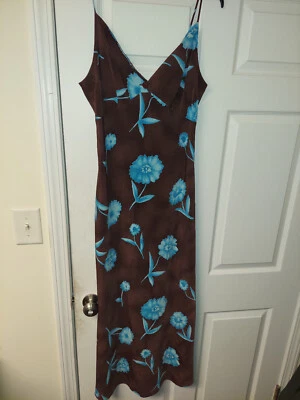 Boutique Europa By Newport News Brown Blue Flowers Long Summer Dress Size 12 - Image 1 of 3
