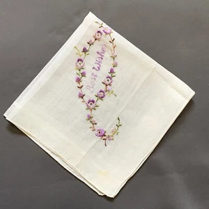 Vintage Best Wishes Embroidered Purple Flowers White Cotton Handkerchief  - Picture 1 of 5